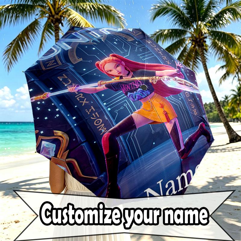 Custom Name Personalized Kpop Demon Hunter Print Umbrella, Auto Open Close, 8‑Rib Sturdy Frame, Commute Camping Hiking Use, Birthday Gift