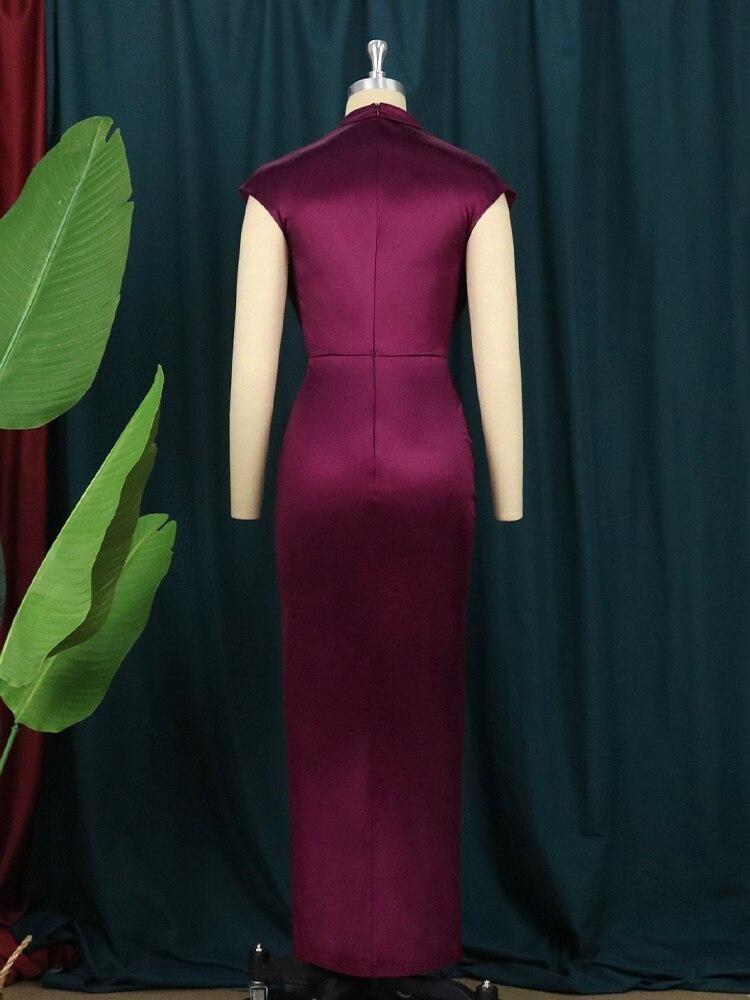 Elegantes Übergrößen Damenkleid Weinrot Lang Ärmellos Maxi-Abendkleid Stehkragen Slim Fit Glänzend Plissiert Party-Outfits mit Schlitz