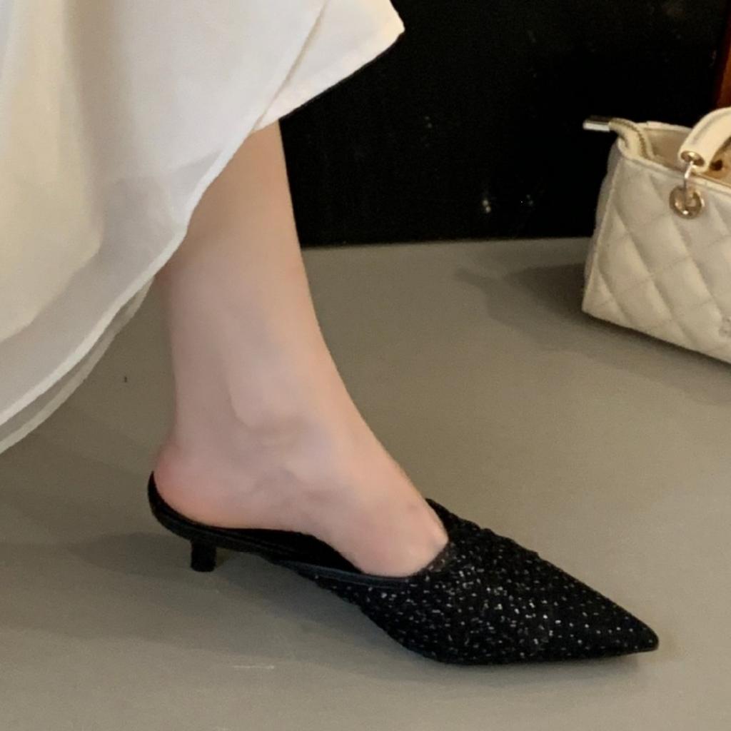 French Fairy Breathable Mesh Lace Bag Head Sandals Female Summer Kitten Heel Empty Single Shoes