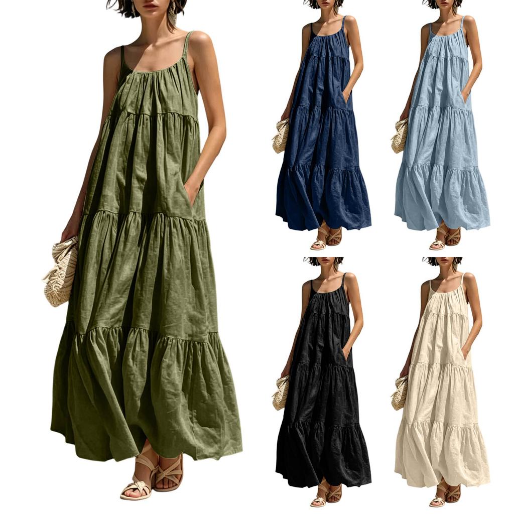 Womens Backless Spaghetti Strap Maxi Dress Summer Casual Flowy Tiered Long Sundress Beach Vacation Sleeveless Dress