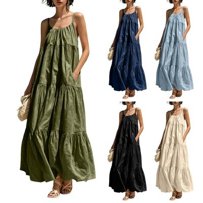 Womens Backless Spaghetti Strap Maxi Dress Summer Casual Flowy Tiered Long Sundress Beach Vacation Sleeveless Dress