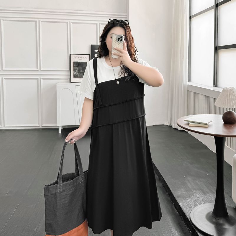 

Plus size women clothing [Street Art Long dress] Fake Two Pieces Patchwork Summer Chubby Girl Covering Meat Slimming Short sleeve Dress