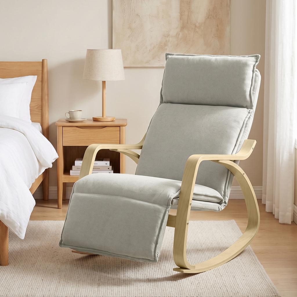 Light Gray Rocking Chair with Adjustable Footrest in 5 Positions