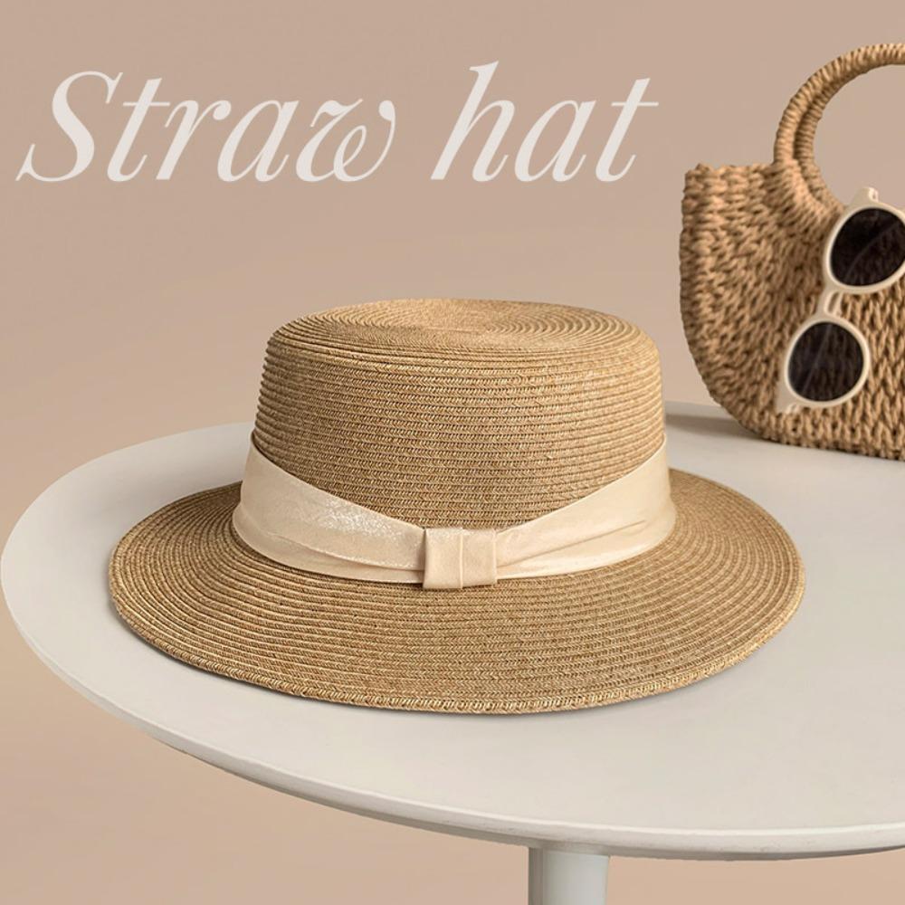 Elegant Beach Flat Top Hat French Style Women's Sun Hat Sunscreen Straw Woven Hat  Spring