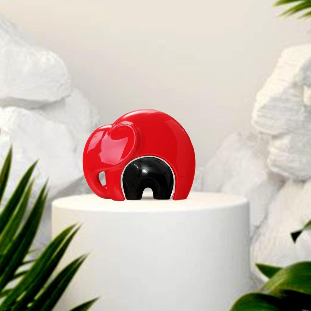 Home Décor Lucky Charm Elephant Mother & Child | Piano Finish Ceramic Figures - (Set of 2 Piece, Red and Black)