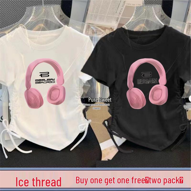 Girls' New Chinese Style Two-Piece Drawstring Summer T-Shirt Set - Printed Fashion Short Sleeve Top