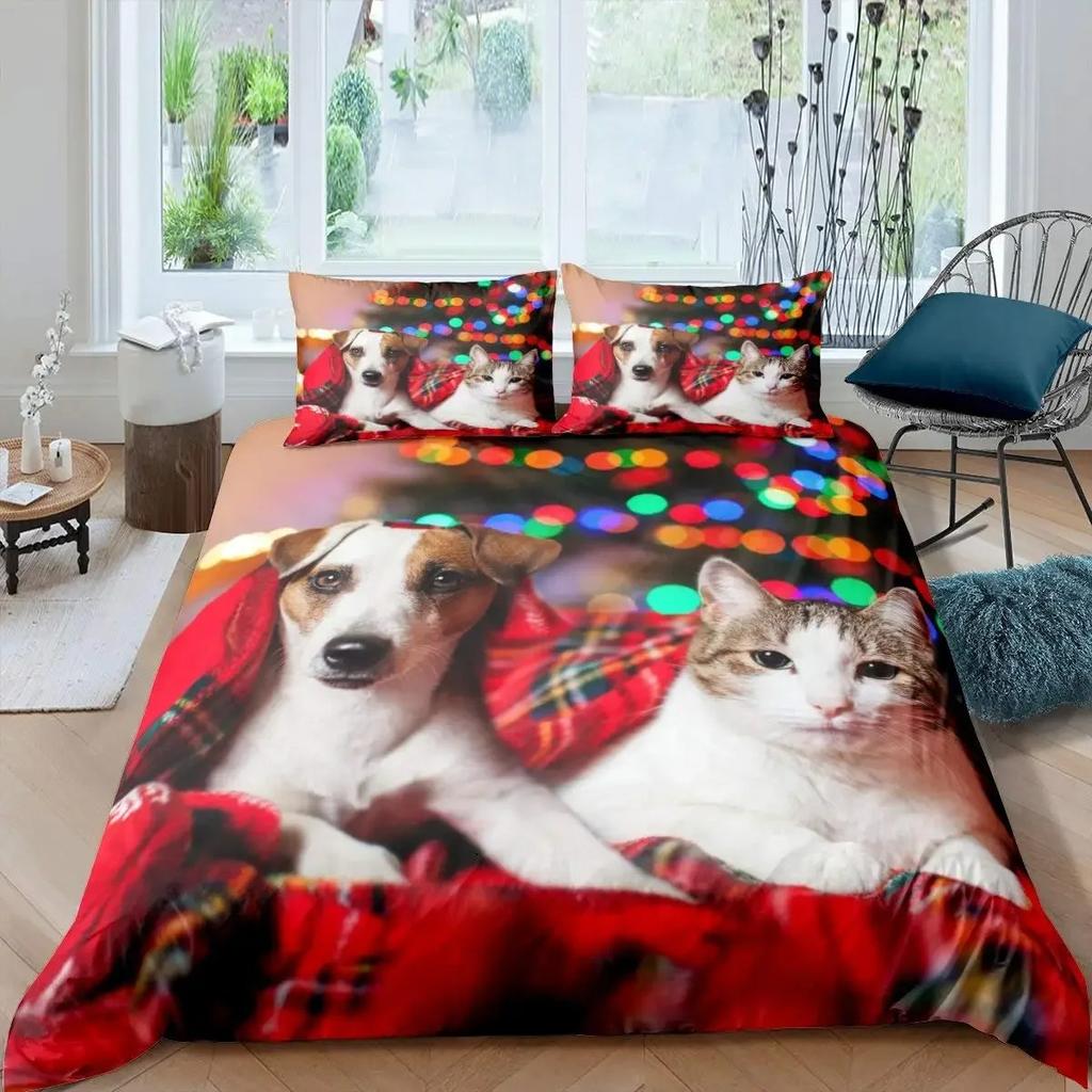 Cute Cat Dog Duvet Cover Set Pug Bedding Set Kawaii Puppy Animal Comforter Cover Valentine's Day Love Heart Wedding Quilt Covers