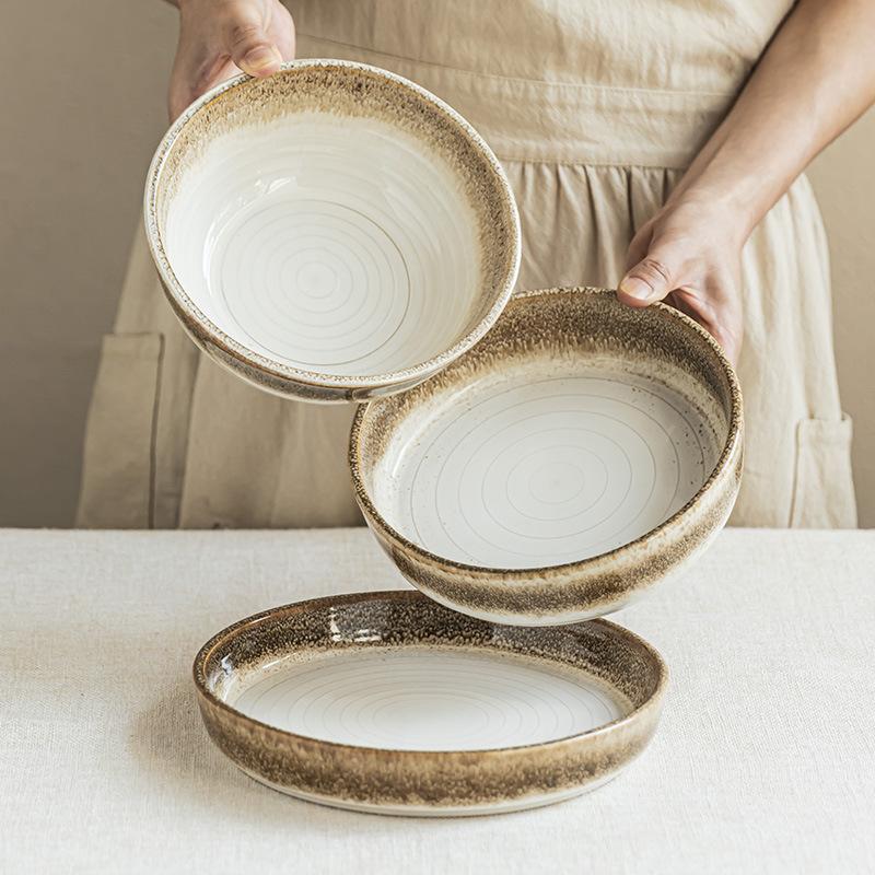 Tableware Set Japanese-Style Ring Plate Household Ceramic Bowl Dish Dish Dish Round Large Bowl Tableware Large Plate