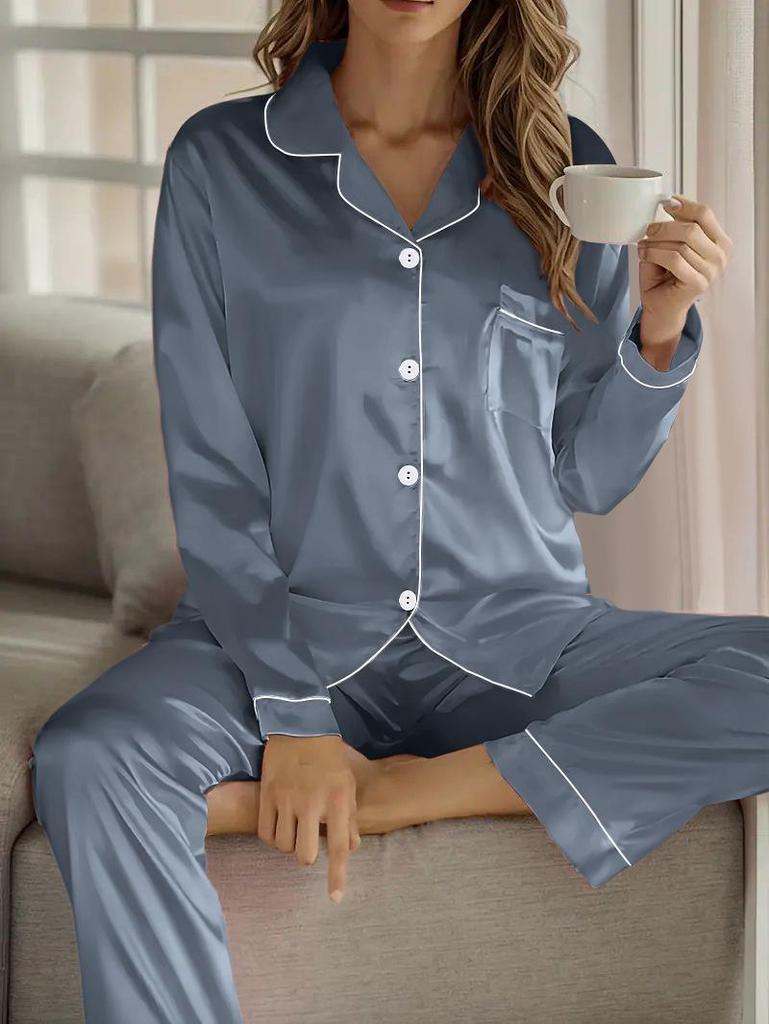 Women’s Satin Pajama Set - Solid Color, Long Sleeve Cardigan with Lapel, Long Pants, Versatile Home Wear for Autumn and Winter.