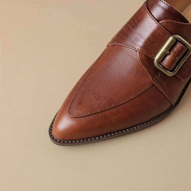 Fashion Women's New Pointed Retro Metal Belt Buckle with Genuine Leather Cowhide Mid Heel Large Oxford Single Shoes