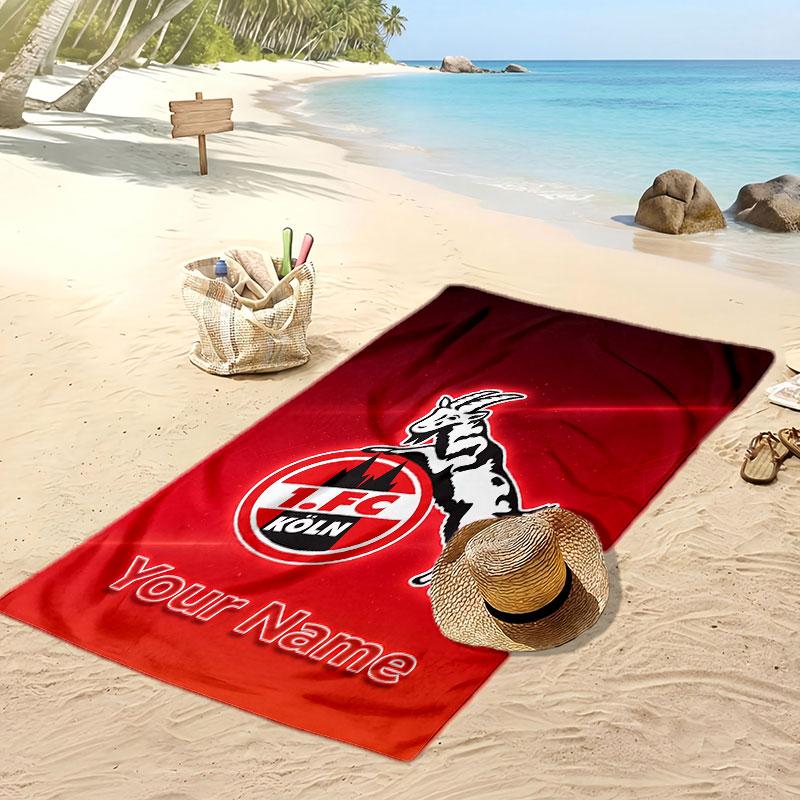 Asciugamano da Spiaggia Personalizzato Stampato FC Köln Logo Calcio Supporto Nome Personalizzato Testo Asciugamano Assorbente Per Sport Viaggio Regalo Speciale