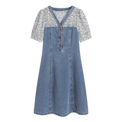 French Fake Two-piece Denim Dress for Women In Summer Latest Design Niche Short-sleeved Floral Skirt