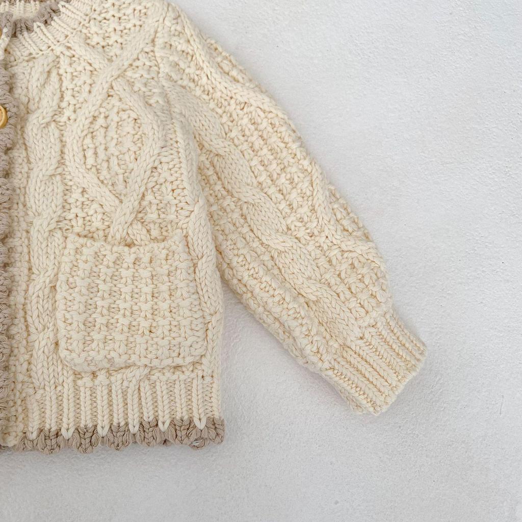 Baumwollstrickjacke mit Farbblock-Besatz für Babys und Kleinkinder – Unisex-Rundhalsausschnitt