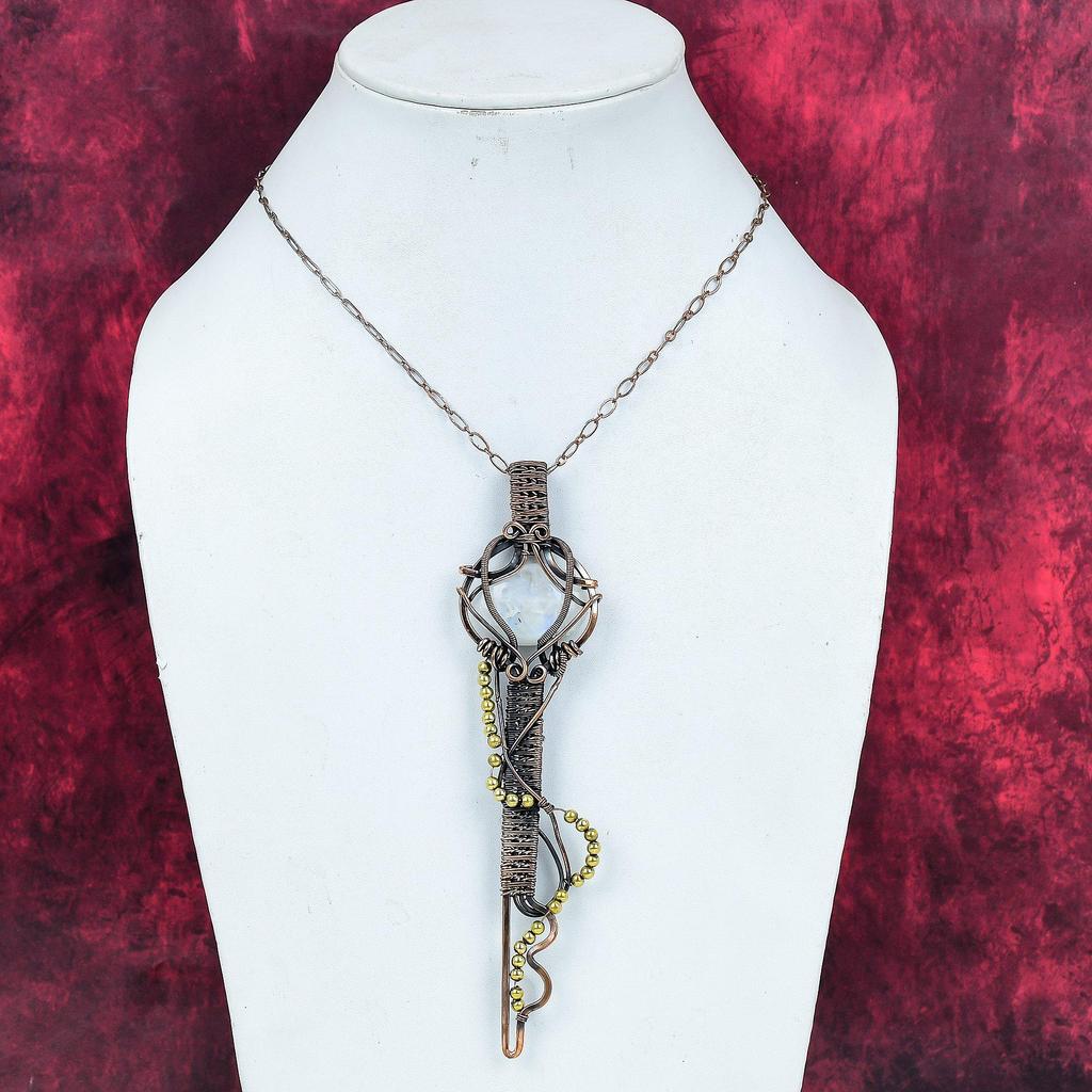 Rainbow Moonstone Pendant Copper Wire Wrapped Key Pendant Genuine Gemstone Pendant Decent Copper Wire Jewelry Handmade Pendant Gifts for Him