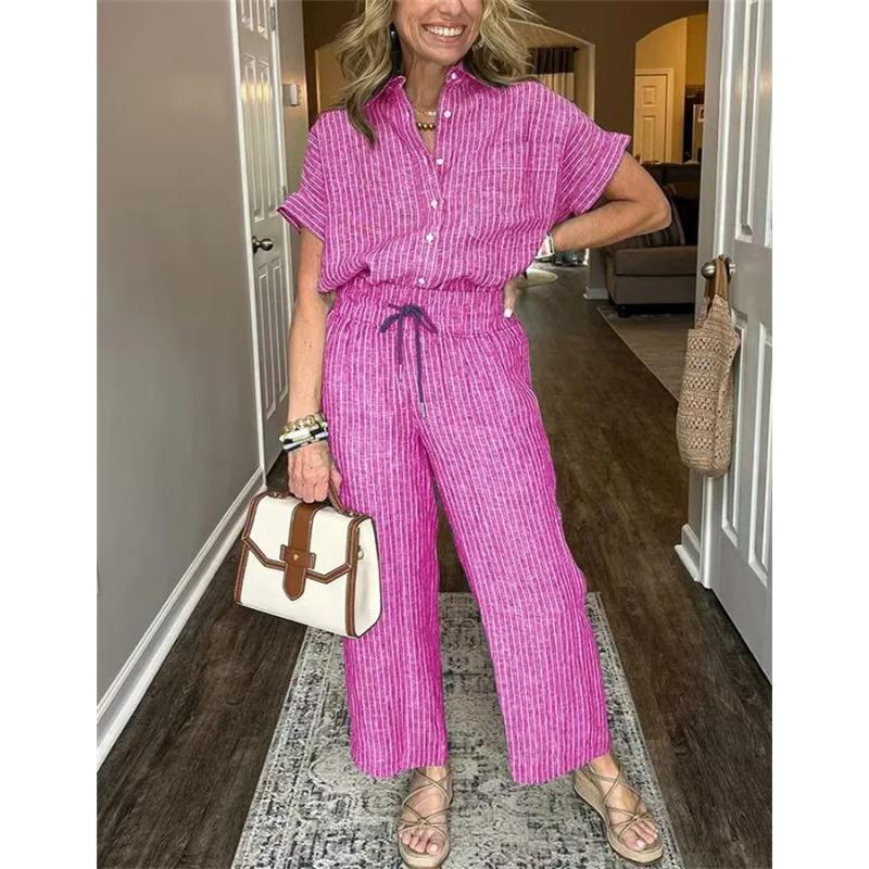 Classic Spring Autumn Striped Printed Short Sleeve Shirt Set Retro Casual Loose Waist Trousers Women's Suit