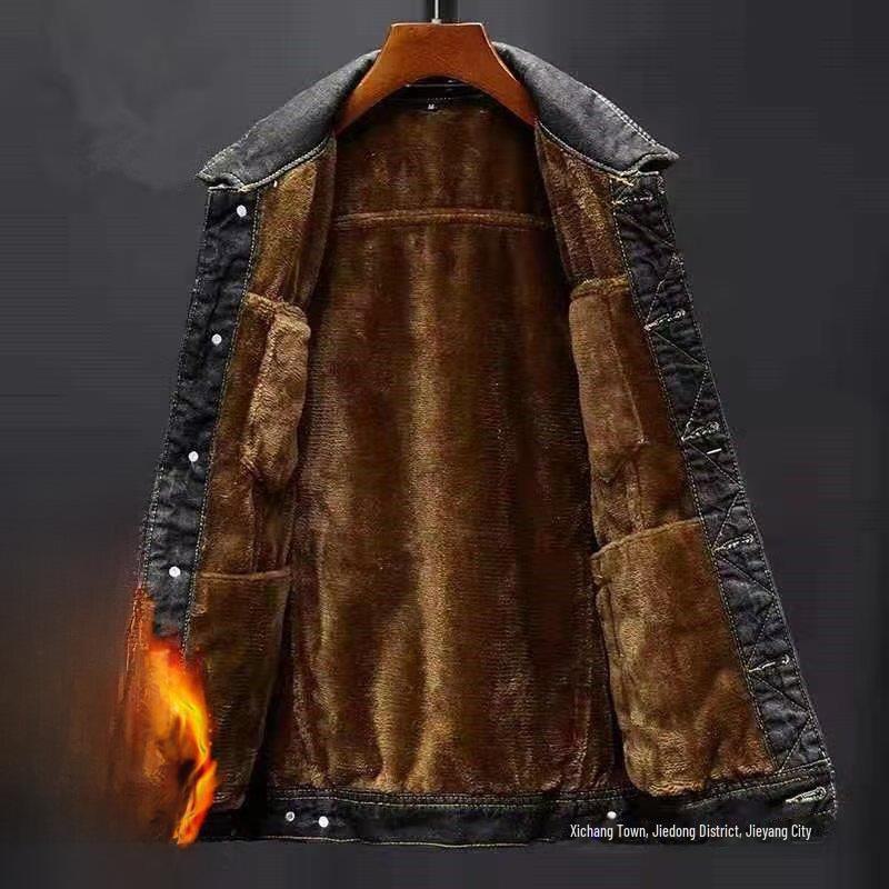 Men's Plus Size Denim Jacket Coat with Velvet Lining for Autumn and Winter