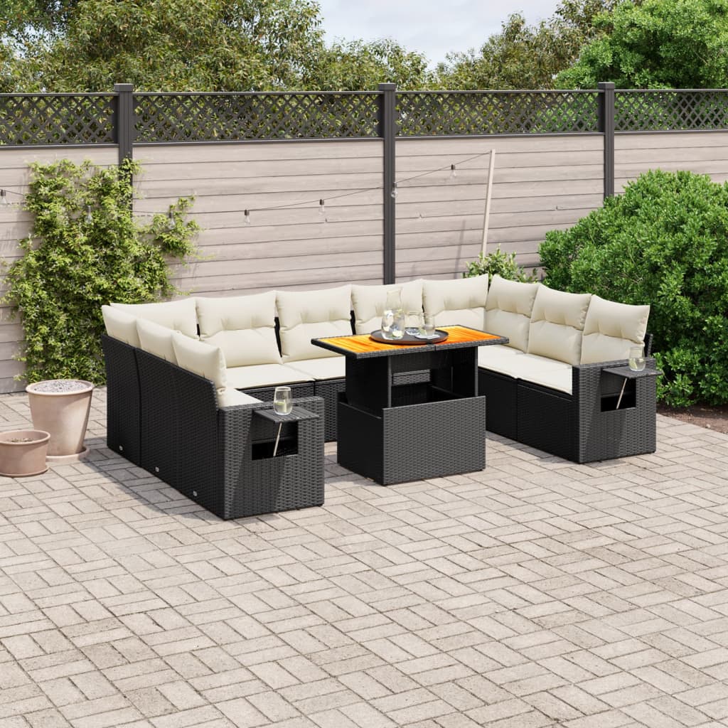 10 piece Garden Sofa Set with Cushions Black Poly Rattan