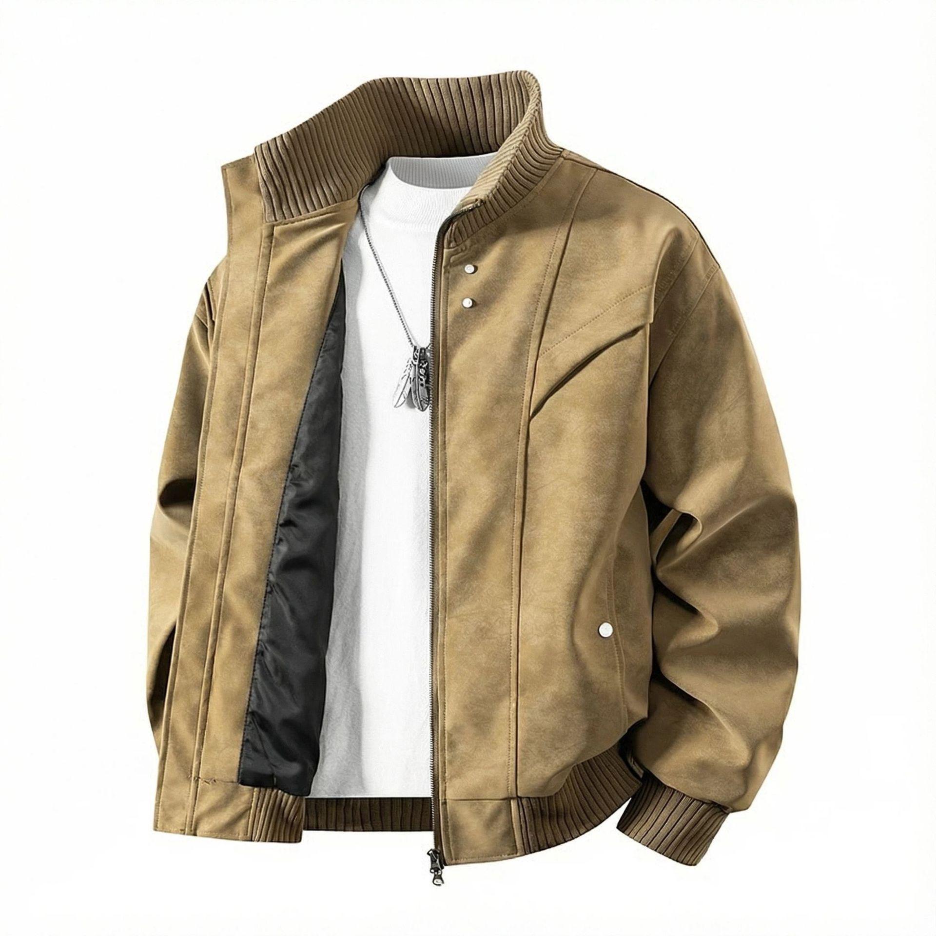 

Men’s Plus Size Leather Jacket - Stand Collar, Loose Cardigan Style, European & American Design, Thickened for Spring & Autumn L