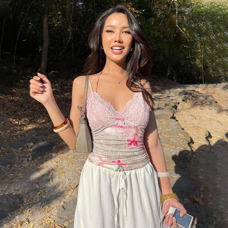 Fashion Sexy Lace Leopard Print Print V-neck Sling Vest Female Autumn Fashion Butterfly Holiday Slim-Fit Crop-Top