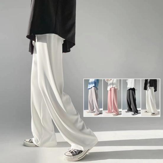 Summer Men Pants Solid Color Elastic Waist Anti-wrinkle Draping Wide Leg Trousers Streetwear