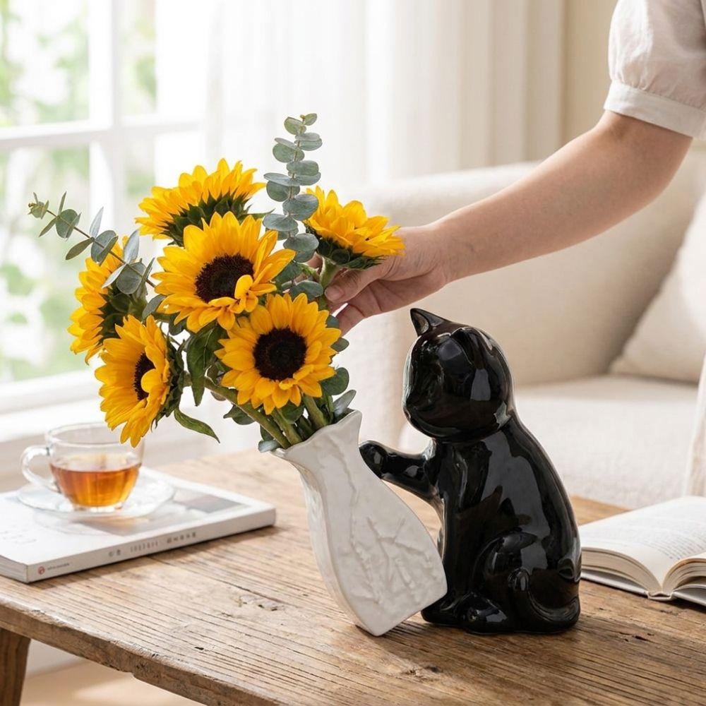 Unique Cat Pushing Vase Ceramic Flower Container Kitten with Tilted Flower Vase Shelf Decoration