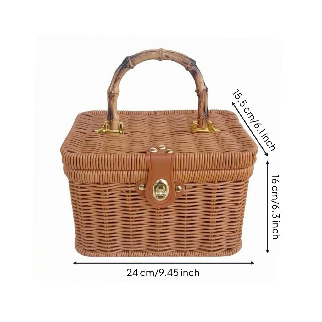 Rectangular Lidded Wicker Basket Sturdy Woven Container with Handle Easy