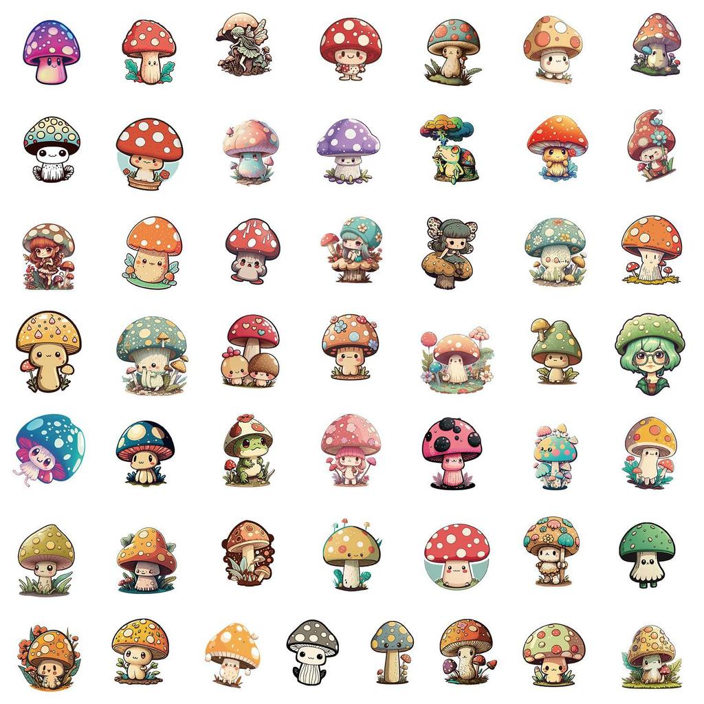 50 Watercolor Mushroom Doodle Stickers: Waterproof Decorative and Creative Fungi Stickers for Phone, Computer, and Stationery