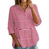 Women's Button Front Notched Collar Striped Print Three Quarter Sleeve Loose Fit Blouse Shirt