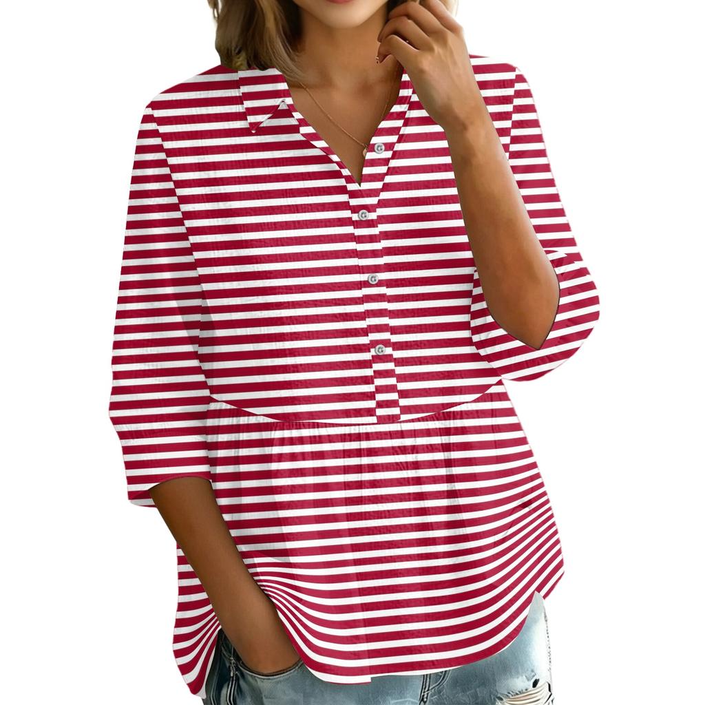Women's Button Front Notched Collar Striped Print Three Quarter Sleeve Loose Fit Blouse Shirt