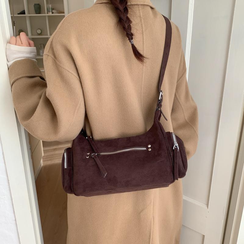PU Suede Hobo Bag Women's Fashion Shoulder Tote with Multiple Zip Pockets Casual Everyday Handbag