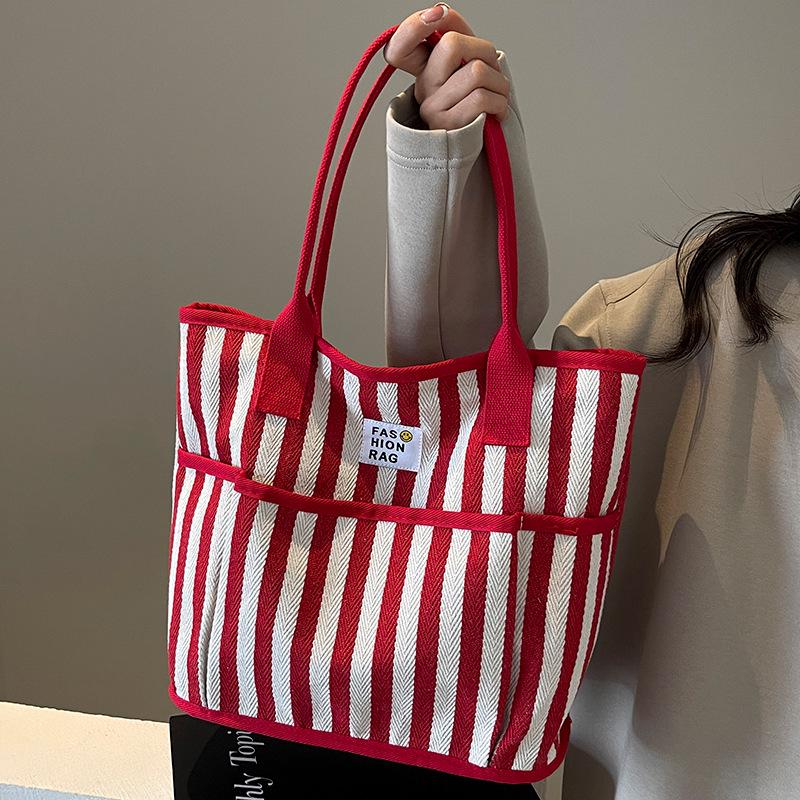 

2025 New Women s Summer Color Block Stripe Tote - Versatile, Large Capacity Casual Shoulder Bag красный
