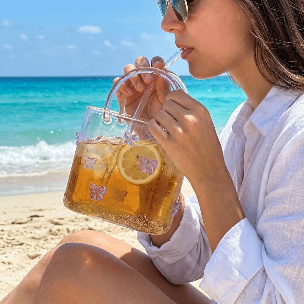 Creative Transparent Handbag Glass Cup Funny Portable Fruit Wine Glass with Straw Mini Fish Tank Bar