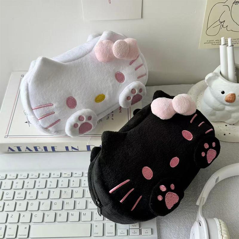 Hello Kitty Plush Pencil Case Large Capacity Cat Paw Pen Bag Stationery Organizer Makeup Bag Sundry Storage Bag