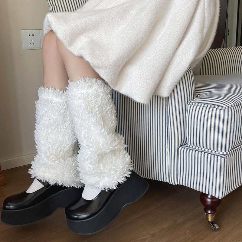 Women Curly Furry Solid Color Leg Warmers Aesthetic Winter Warm Fuzzy Plush Boot Covers Costume Parties Leg Covers Socks