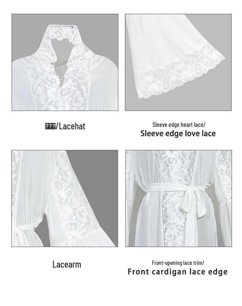 Sexy Mesh Kapuzenbademantel mit Spitzenbesatz Lingerie mit Gürtel