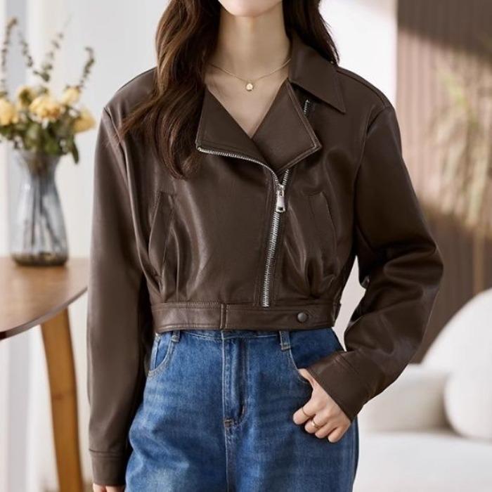 Jachetă scurtă pentru motocicletă, elegantă, cafea, haină din piele PU pentru femei, cu Design Sense