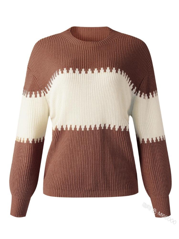 Contrast Colour Striped Knitted Sweater for Women Bell Sleeves Top Women's Round Neck Luxurious Relaxed-fit Slimming and Versatile Top