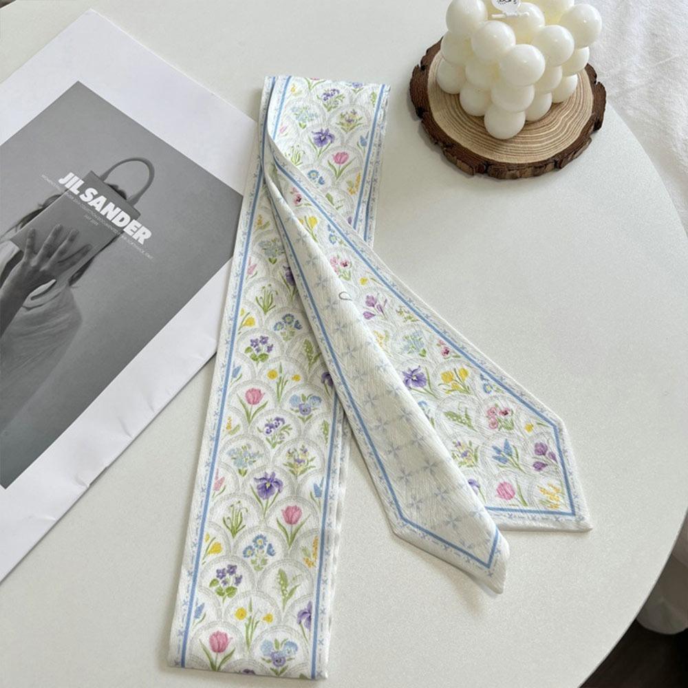 Long Thin Satin Silk Ribbon Scarf Fresh Floral Bag Strap Trendy Hair Tie  for Women