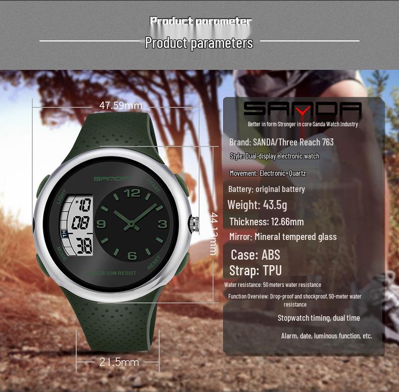 Sanda Men's Waterproof Dual Display Sports Watch with Large Screen for Students and Outdoor Activities