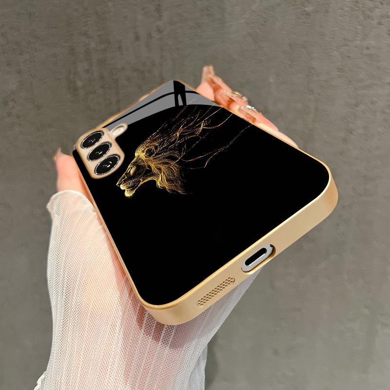 Gold Thread Lion Pattern 2D Phone Case for Samsung S26 S25 S24 S23 S22 S21 S20 A56 - Golden Metal Paint Glass Protective Cover