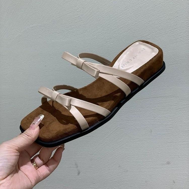 Purple temperament wedge heel French thin strap cool slippers fairy 2025 new summer bow Roman cool slippers