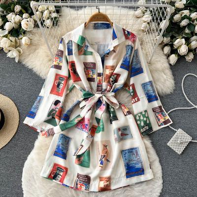 RUGOD Europe and the United States Design Sense Print Dress Women's Lace-up Waist Slimming Western-style Long-sleeved A-line Dress