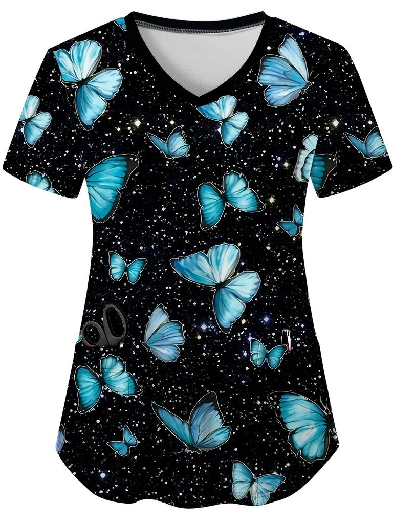 Fashion butterfly Short-Sleeve TShirt Commuting Work V-Neck Top Short Sleeves Woman