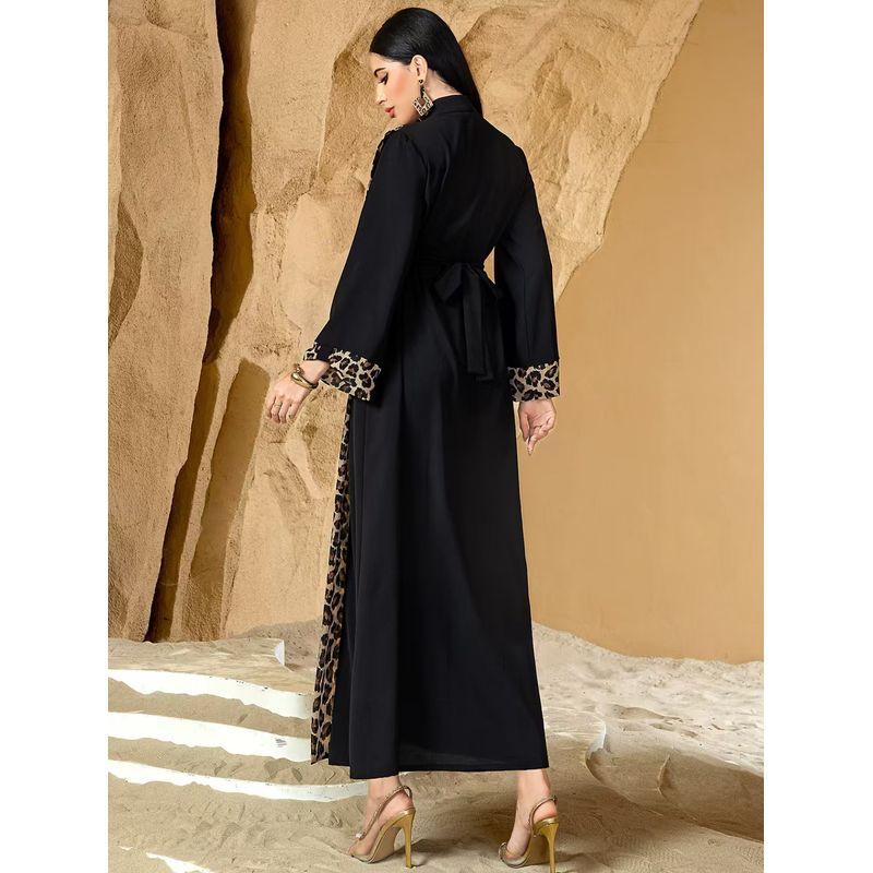 New Patchwork Leopard Print Cardigan Lace-up Robe Dress Splicing Leopard Print Dress