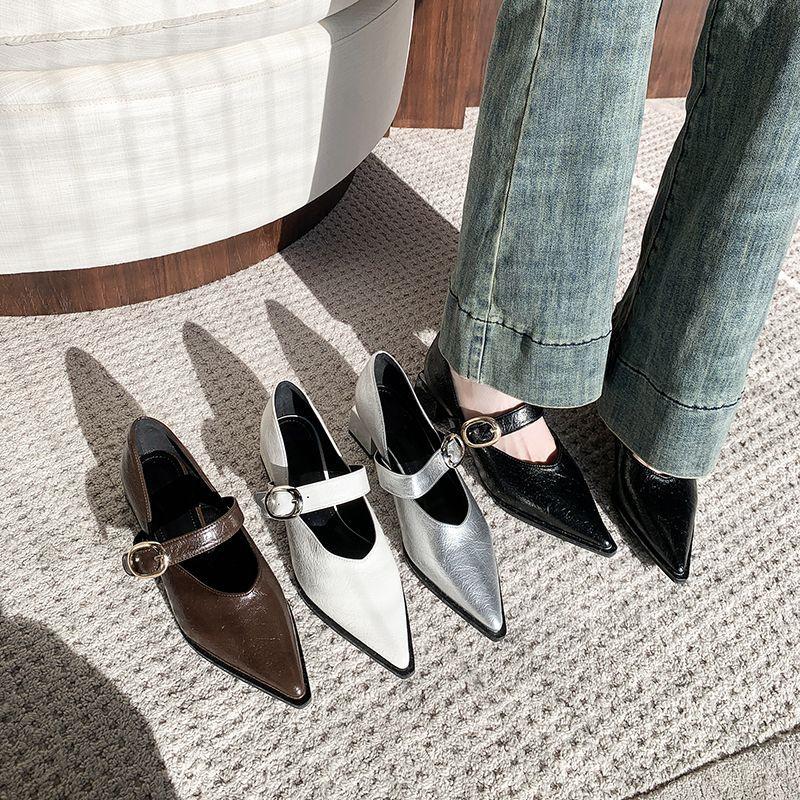 Pointed French single shoes retro temperament word Mary 2025 new silver thick heel middle heel shoes spring and autumn wear