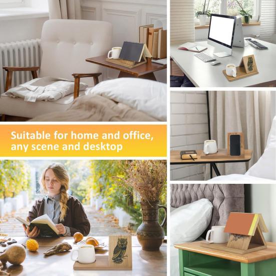Wooden Bookshelf Organizer with Phone Holder Natural Wood Triangle Book Stand Desk Valet with Cup Holder Picture Frame