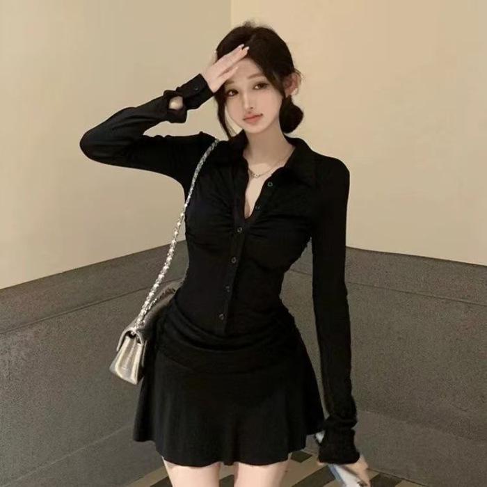 Black Pleated Polo Collar Dress with Cinched Waist - Sporty Slim Fit L чёрный