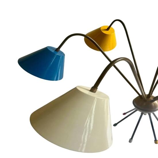 Mid-Century Modern Sputnik Kronleuchter 6-flammig Messing Deckenleuchte Bunte Schirme Retro Hängelampe für Wohn-, Esszimmer