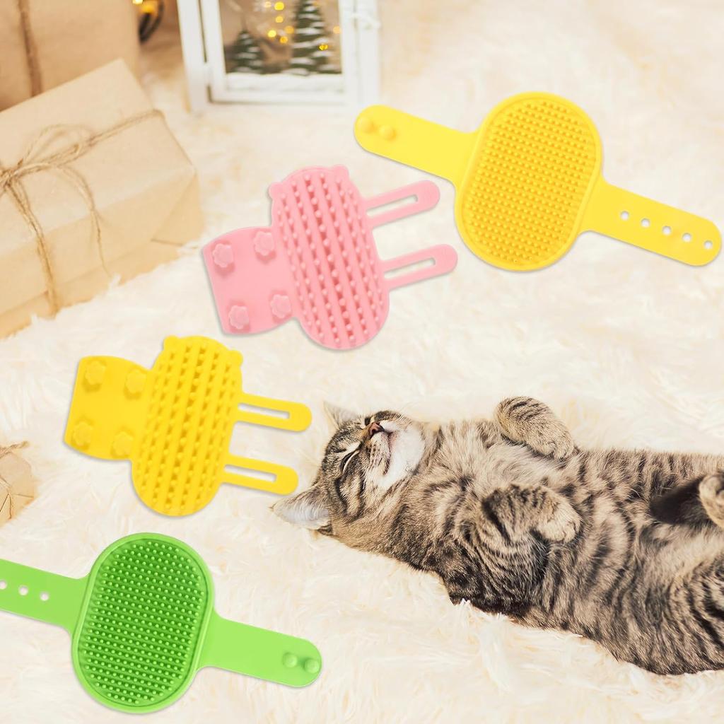 4 PCS Cat Self Groomer for Indoor Cats Silicone Grooming Strap Pad for Cats Adjustable & Soft Cat Massager(Green+Yellow+Pink)