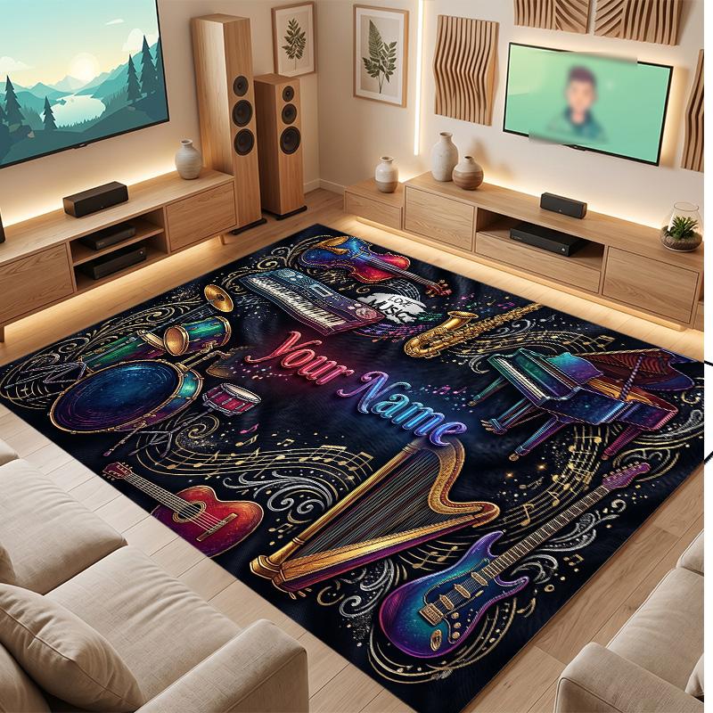 Music Theme Soft Crystal Velvet Rug Custom Name & Text Print Non Slip Floor Rug for Bedroom Living Room